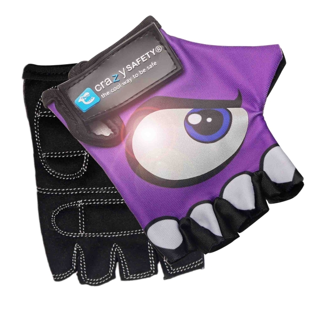 Crazy Safety Purple kids bike gloves with reflective eyes, padded palms - Purple - Size S