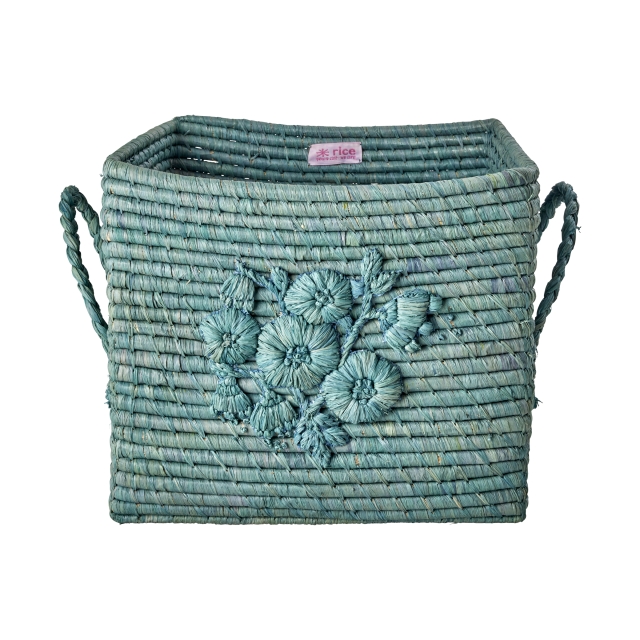RICE Raffia Square Basket with Flower Embroidery - Dove Blue