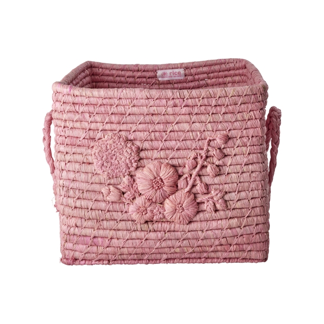 RICE Raffia Square Basket with Flower Embroidery - Pink