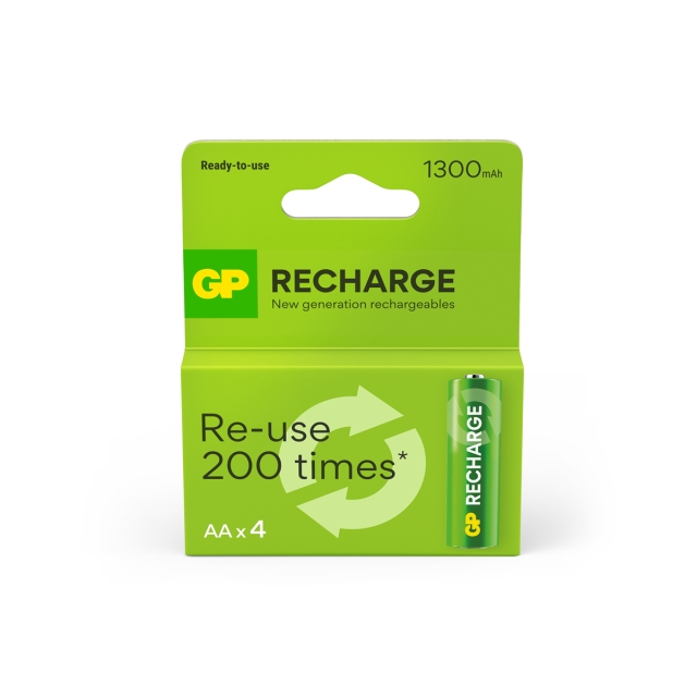 GP Recharge Rechargeable Battery, Size AA, 1300 mAh, 4-pack
