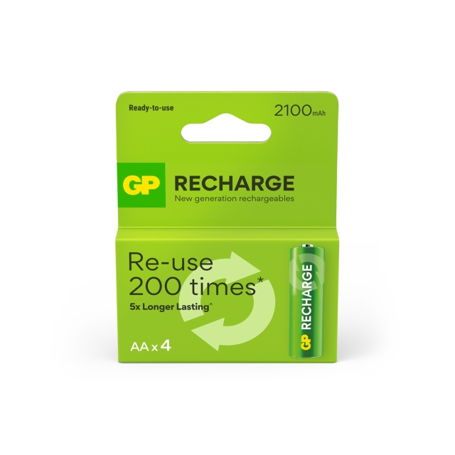 GP Recharge Rechargeable Battery, Size AA, 2100 mAh, 4-pack