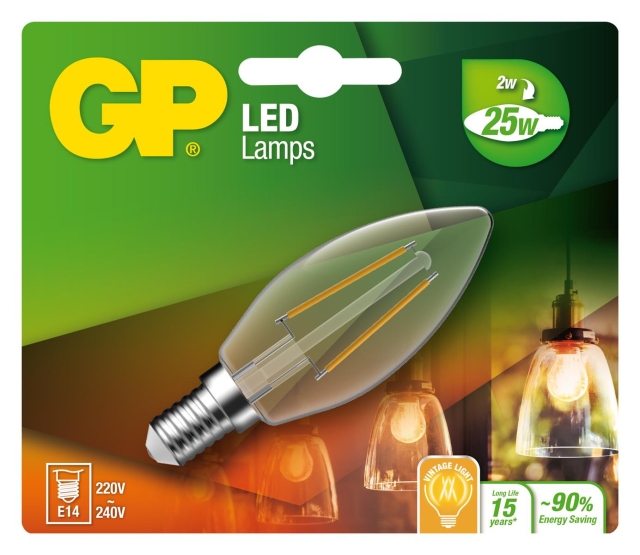GP LED Lamp Filament Mini Candle, E14, 2W (25W), 250lm