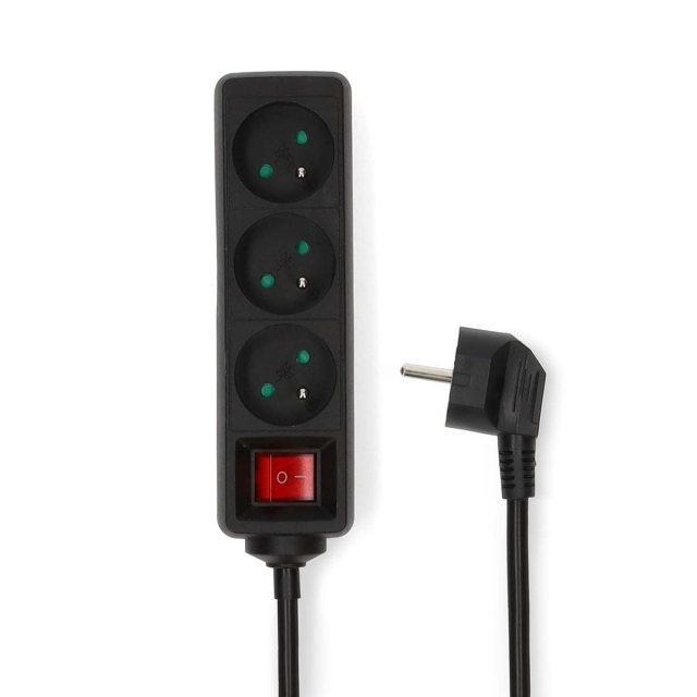 Nedis Extension Socket | Type E (CEE 7/6) | 3-Way | 5.00 m | 3680 W | 16 A | Kind of grounding: Pin Earth | 230 V AC 50/60 Hz | Socket angle: 45 ° | H05VV-F 3G1.5mm² | On/Off switch | Black