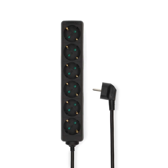 Nedis Extension Socket | Type F (CEE 7/7) | 6-Way | 1.50 m | 3680 W | 16 A | Kind of grounding: Side Contacts | 230 V AC 50/60 Hz | Socket angle: 45 ° | H05VV-F 3G1.5mm² | Black