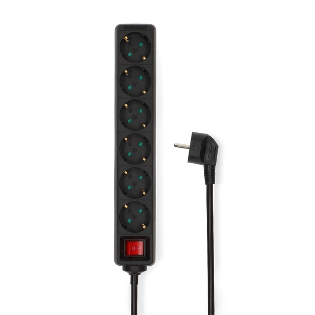 Nedis Extension Socket | Type F (CEE 7/7) | 6-Way | 1.50 m | 3680 W | 16 A | Kind of grounding: Side Contacts | 230 V AC 50/60 Hz | Socket angle: 45 ° | H05VV-F 3G1.5mm² | On/Off switch | Black