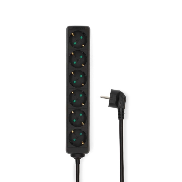 Nedis Extension Socket | Type F (CEE 7/7) | 6-Way | 3.00 m | 3680 W | 16 A | Kind of grounding: Side Contacts | 230 V AC 50/60 Hz | Socket angle: 45 ° | H05VV-F 3G1.5mm² | Black