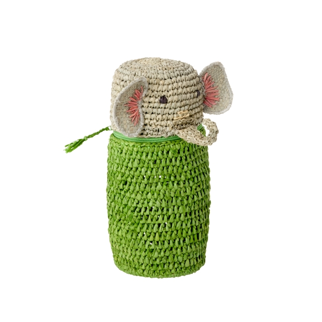 RICE Raffia Crocheted Pencil Case/Purse - Elephant Shape - Green
