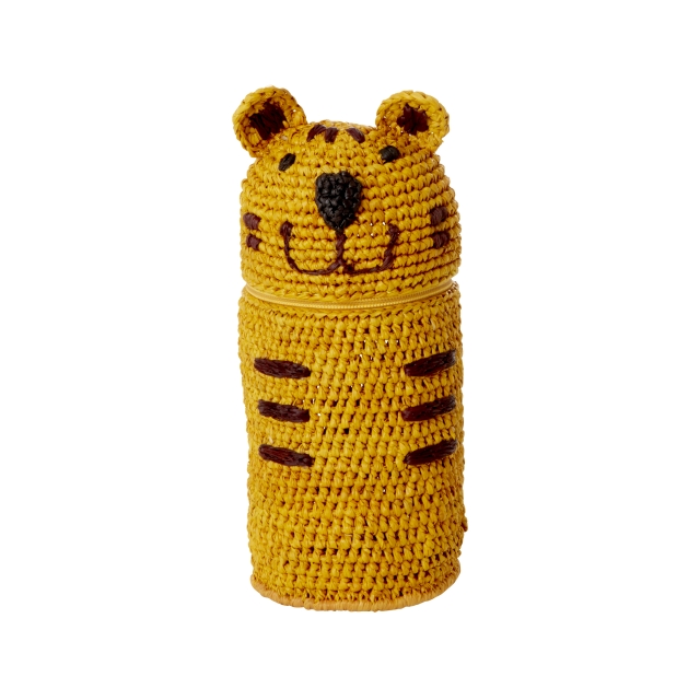 RICE Raffia Crocheted Pencil Case / Purse - Tiger Shape - Yellow - 20cm x 10cm x 5cm