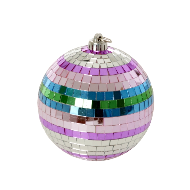 RICE Disco Ball with Funky Stripes - Pink, Silver, Green, Blue - Medium