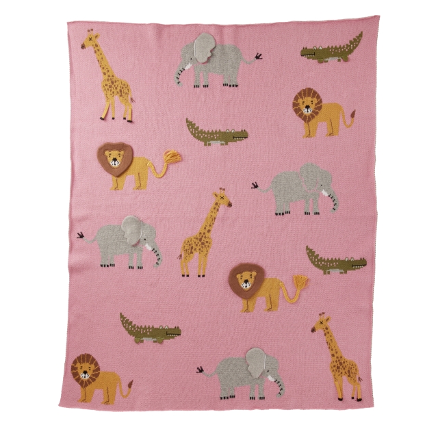 RICE Knitted Baby Blanket with Animals and 3D Details - Pink