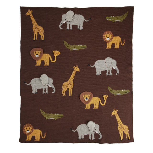 RICE Knitted Baby Blanket with Animals and 3D Details - Chocolate Brown