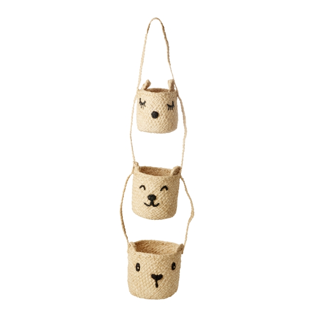 RICE Raffia 3-Tier Hanging Storage with Animal Faces - Natural