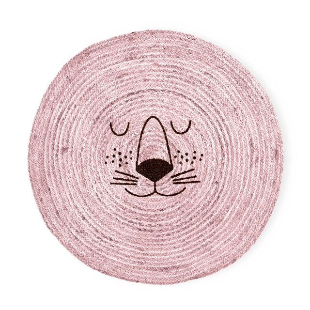 RICE Jute Floor Mate with Lion Face - Soft Pink