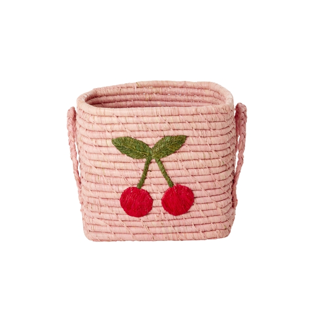 RICE Raffia Square Basket with Big Cherry Embroidery - Soft Pink - Small