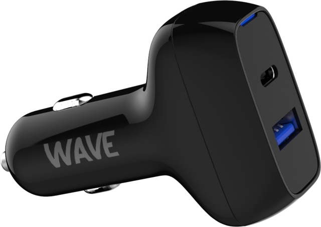 Wave Car charger, 1 x USB Type-C + 1 x USB-A 18W+18W, Black