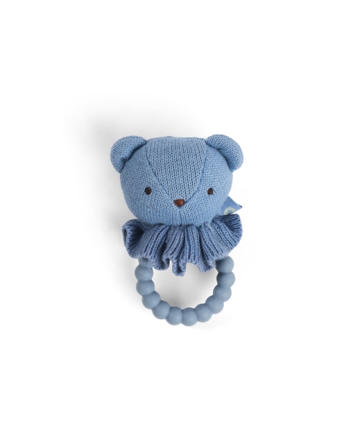 Smallstuff Rattle, bear face on silicone ring, blue - (40008-91)