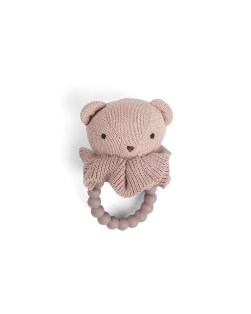Smallstuff Rattle, bear face on silicone ring, soft rose (40008-92)