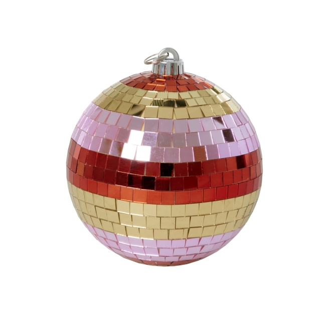 RICE Disco Ball with Stripes and Gold - Pink, Gold, and Red - Medium