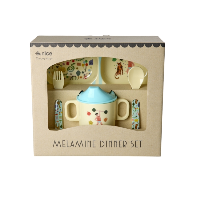 RICE Melamine Baby Dinner Set - Fun Fair Print - Mint and Blue