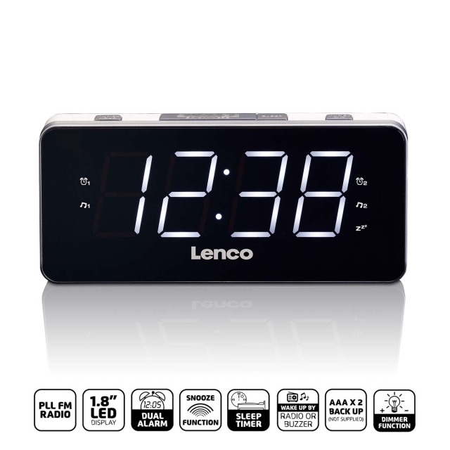 Lenco PLL FM Alarm Clock Radio large and clear 1.8" LED display White