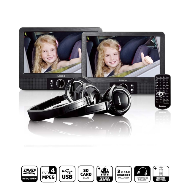 Lenco 9 inch DVD dual screen with brackets and headphone Black