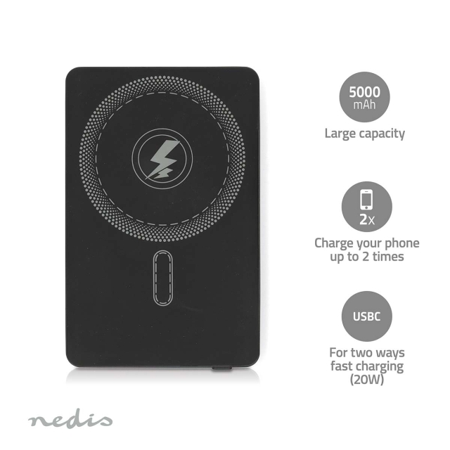 Nedis Powerbank | 5000 mAh | Wireless charging | 1.67 / 2.22 / 3.0 A | Number of outputs: 1 | Output connection: 1x USB-C™ | Input connection: 1x USB-C™ | PD3.0 20W | Lithium-Polymer