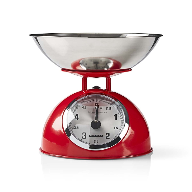 MELISSA Retro Kitchen Scale | Analog | Metal Housing | Removable bowl | Max. 5kg | 25-gram increments | Red