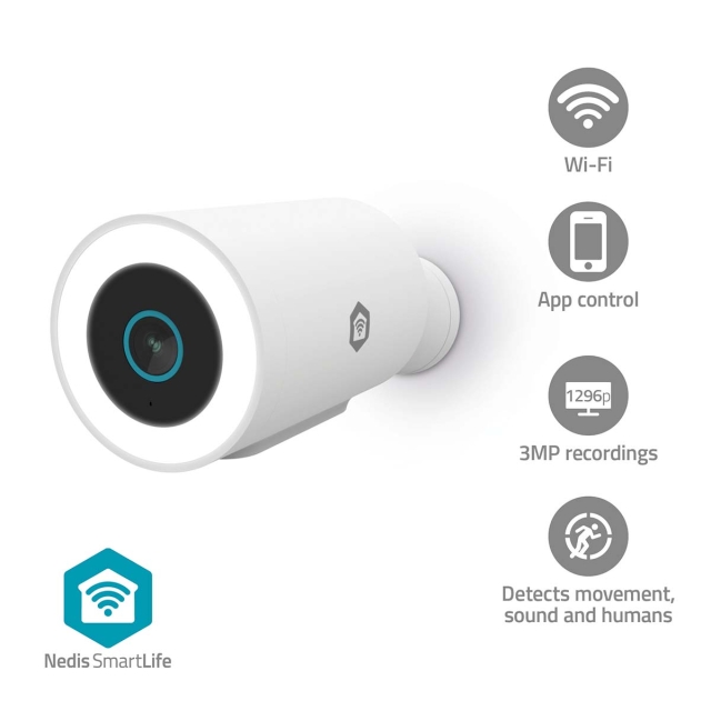 Nedis SmartLife Outdoor Camera | 3MP Full HD 1296p | IP65 | Cloud Storage (optional) / microSD (not included) / Onvif | 5 V DC | With motion sensor | Night vision | White
