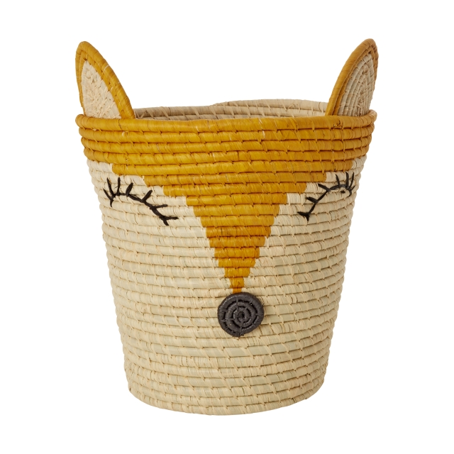 RICE Round Raffia Basket with Fox Head - Yellow