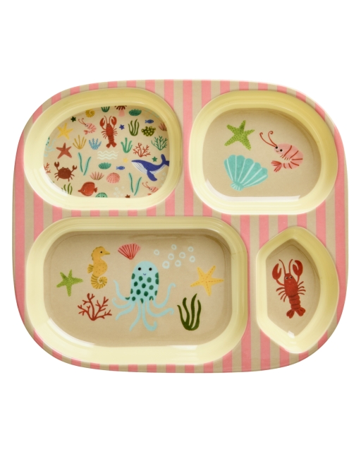 RICE Melamine Kids 4 Room Plate - Coral Ocean Print - Coral