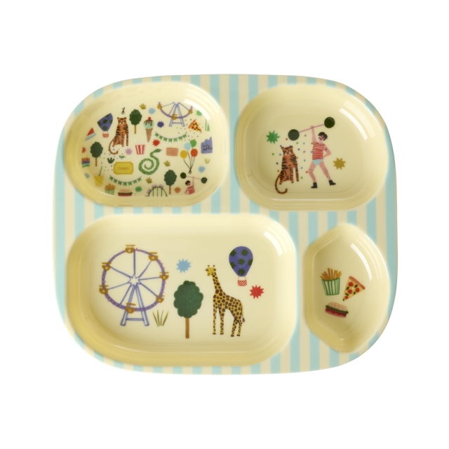 RICE Melamine Kids 4 Room Plate with Fun Fair Print - Mint