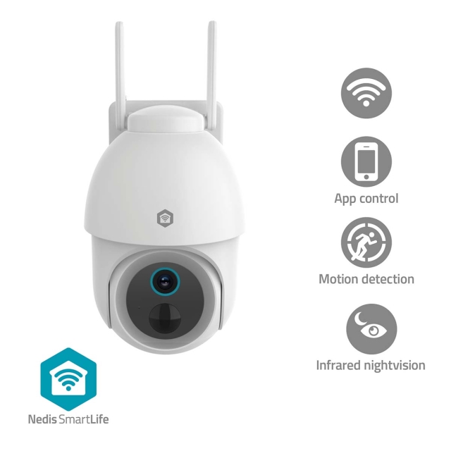 Nedis SmartLife Outdoor Camera | 3MP Full HD 1296p | Pan tilt | IP65 | Max. battery life: 3 Months | Cloud Storage (optional) / microSD (not included) | 5 V DC | With motion sensor | Night vision | White