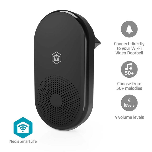 Nedis SmartLife Chime | RF, frequency 433 Mhz | Accessory for: WIFICDP11BK / WIFICDP21BK / WIFICDP31BK | Mains Powered | 55 Sounds | 110 - 240 V AC 50/60 Hz | Adjustable volume | Black
