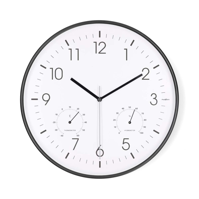 Nedis Wall Clock | Diameter: 300 mm | Plastic | Silent movement | Thermometer | Hygrometer | Black / White