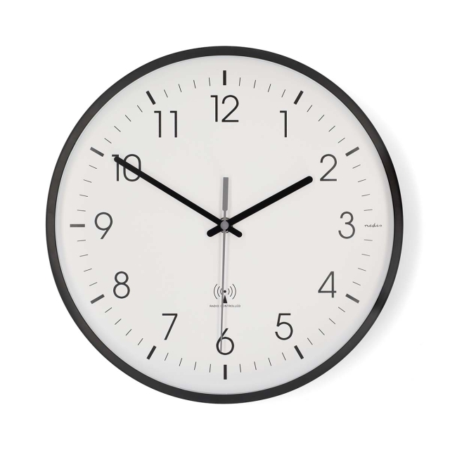 Nedis Wall Clock | Diameter: 300 mm | Plastic | Radio controlled time | Silent movement | Black / White