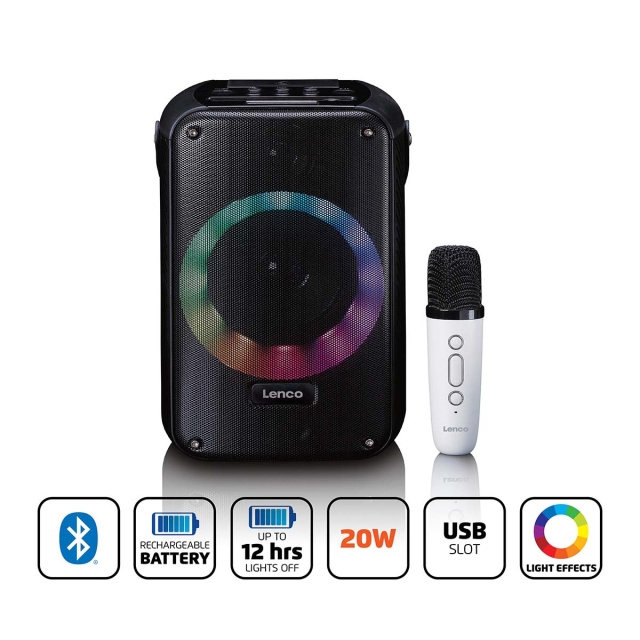 Lenco Karaoke system with Bluetooth®, rechargeable battery, wireless karaoke microphone, and disco LED lighting Black