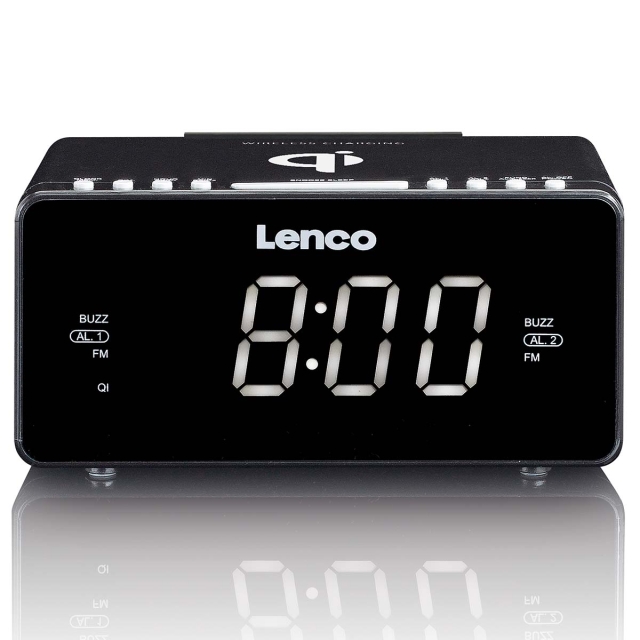 Lenco Stereo FM Clock Radio with USB and Qi Wireless Smartphone charging Black