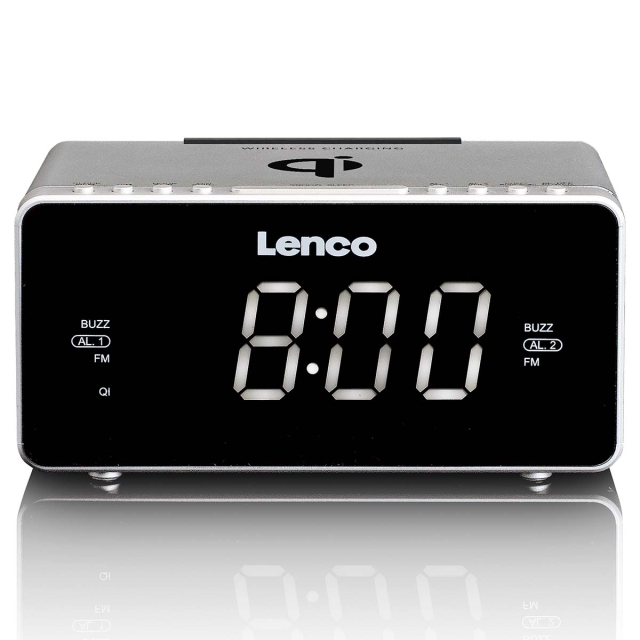 Lenco Stereo FM Clock Radio with USB and Qi Wireless Smartphone charging Silver