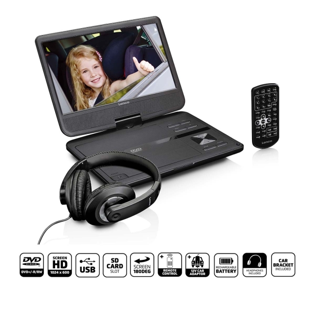 Lenco Portable 10" DVD-Player with USB -Headphone-suspension bracket Black