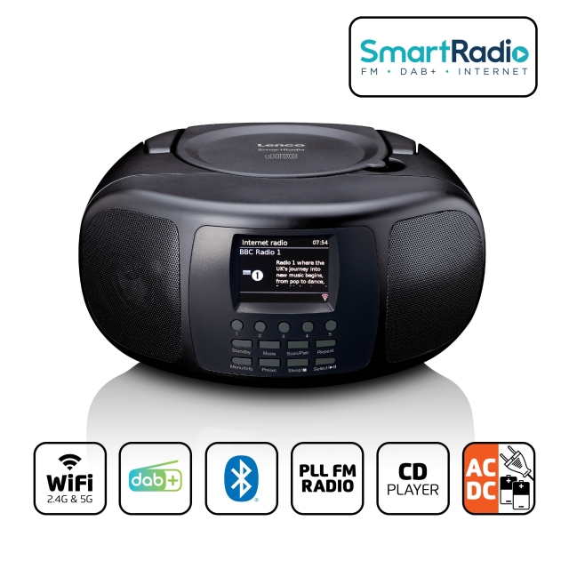 Lenco Portable internet radio with DAB+/FM, Bluetooth®, CD player, and large LCD colour display Black