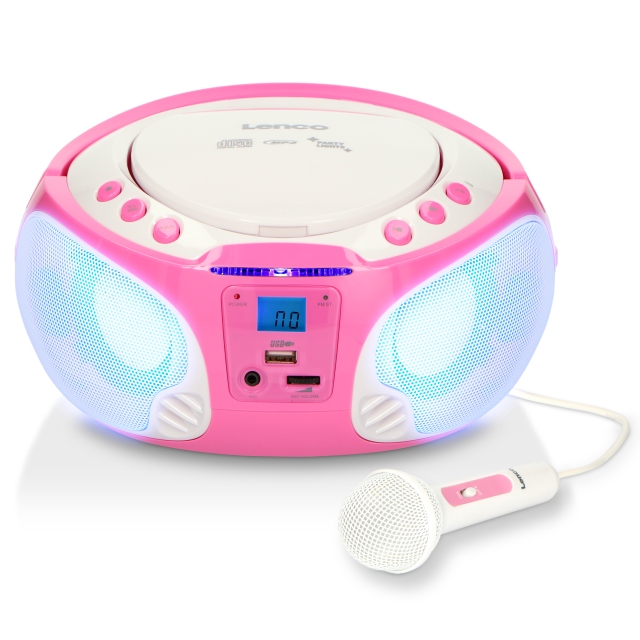 Lenco Portable FM Radio CD/MP3/USB Microphone & Light Effects Pink