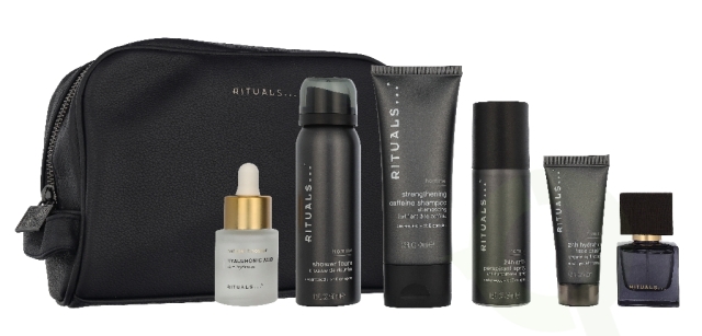 Rituals Homme Giftset 225 ml Roi d’Orient 15 ml/Homme Shower Foam 50ml/Homme 24h Anti-Perspirant Spray 50ml/Namaste Hyaluronic Acid Natural Booster 20 ml/Homme 24h Hydrating Face Cream 20ml/Homme Strengthening Caffeine Shampoo 70ml/Homme Toiletry Bag