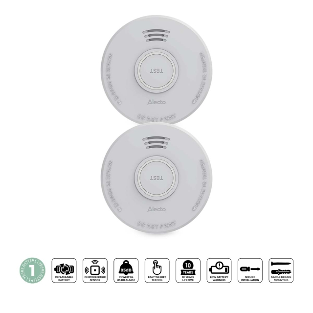 Alecto Stand alone smoke alarm with 1 year battery White 2 pcs