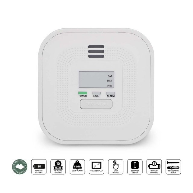 Alecto Carbon monoxide alarm with display and 10 years battery and sensor runtime, white