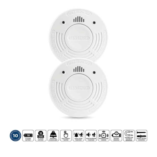 Alecto Smoke detector with 10 years battery and sensor runtime 2-pack White