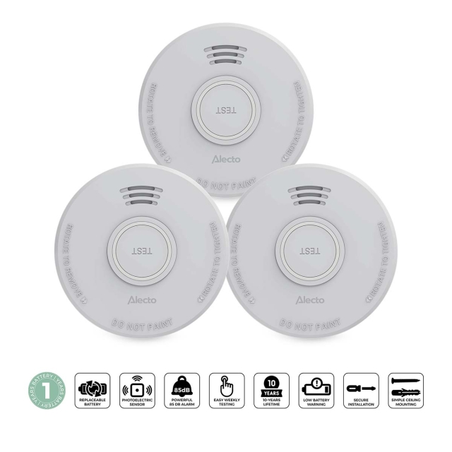 Alecto Stand alone smoke alarm with 1 year battery White 3 pcs