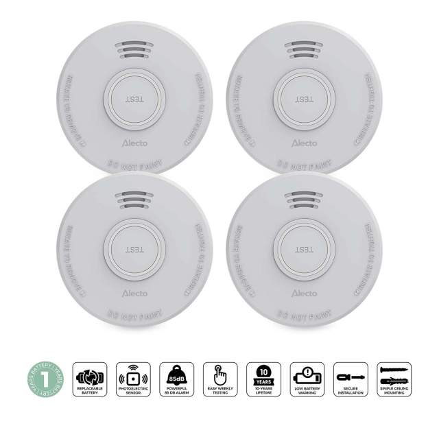Alecto Stand alone smoke alarm with 1 year battery White 4 pcs