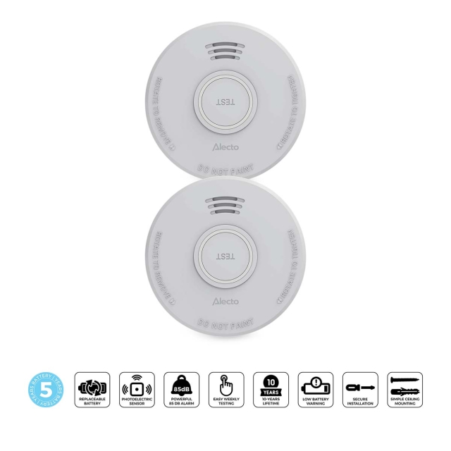 Alecto Smoke detector with 5 year battery 2 pcs