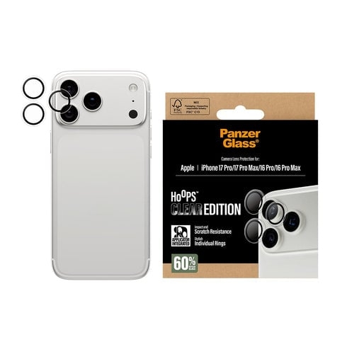 PanzerGlass Hoops Transparent Camera Lens Protector iPhone 17 Pro - iPhone 17 Pro Max - iPhone 16 Pro - 16 Pro Max - Transparent