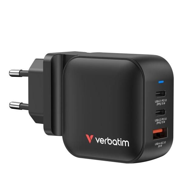 Verbatim Mini GaN Charger 70W 3 Port US plug with EU and UK adaptors